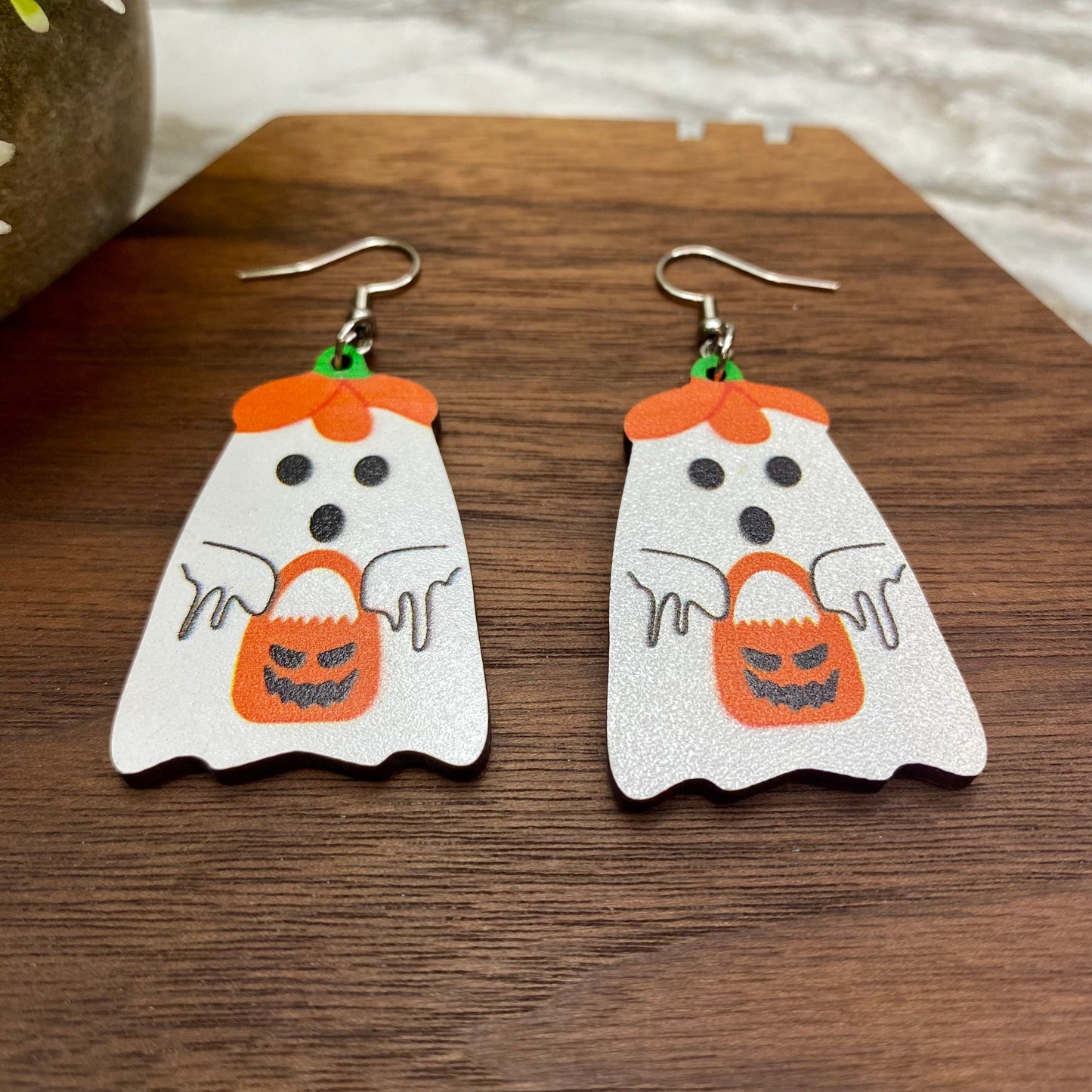 Wooden Dangle Earrings - Halloween - Ghost Pumpkin Hat Bag