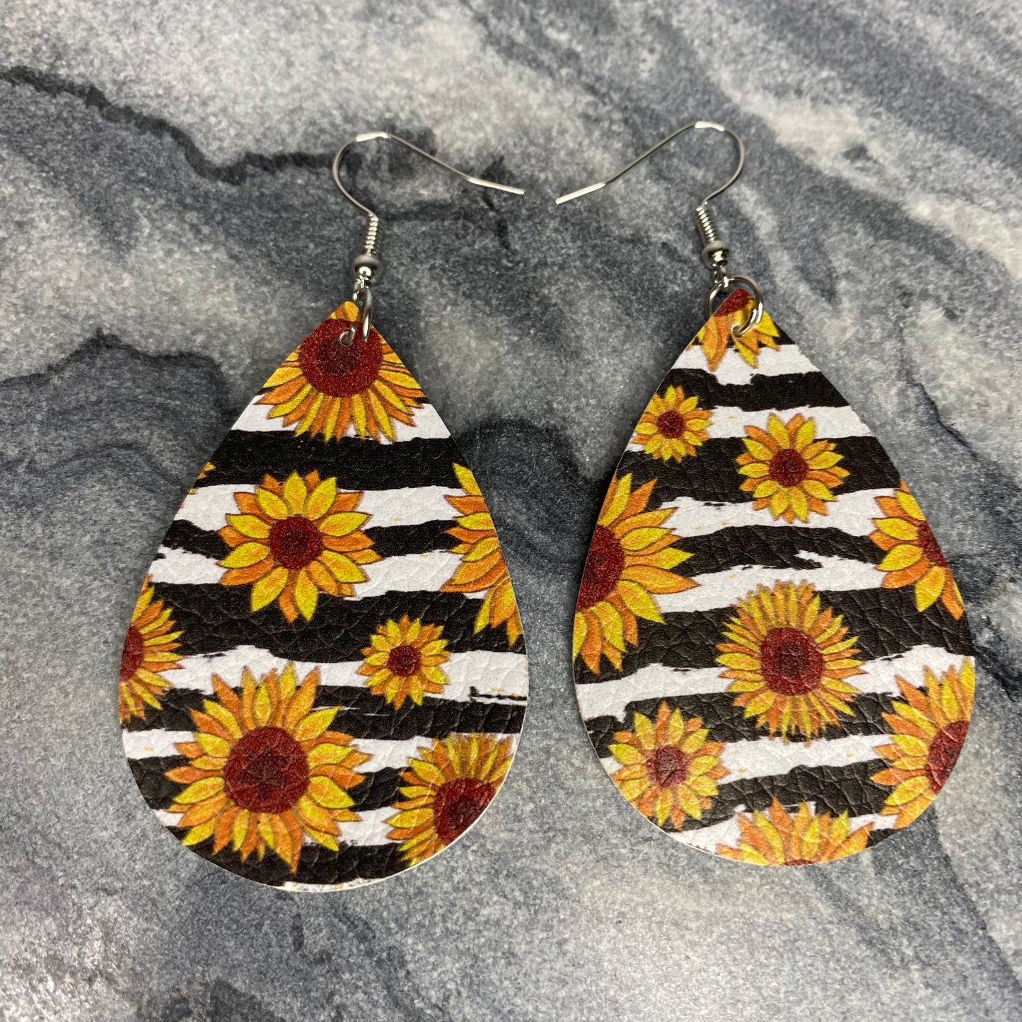Faux Leather Earrings - Sunflower Zebra Print Teardrops