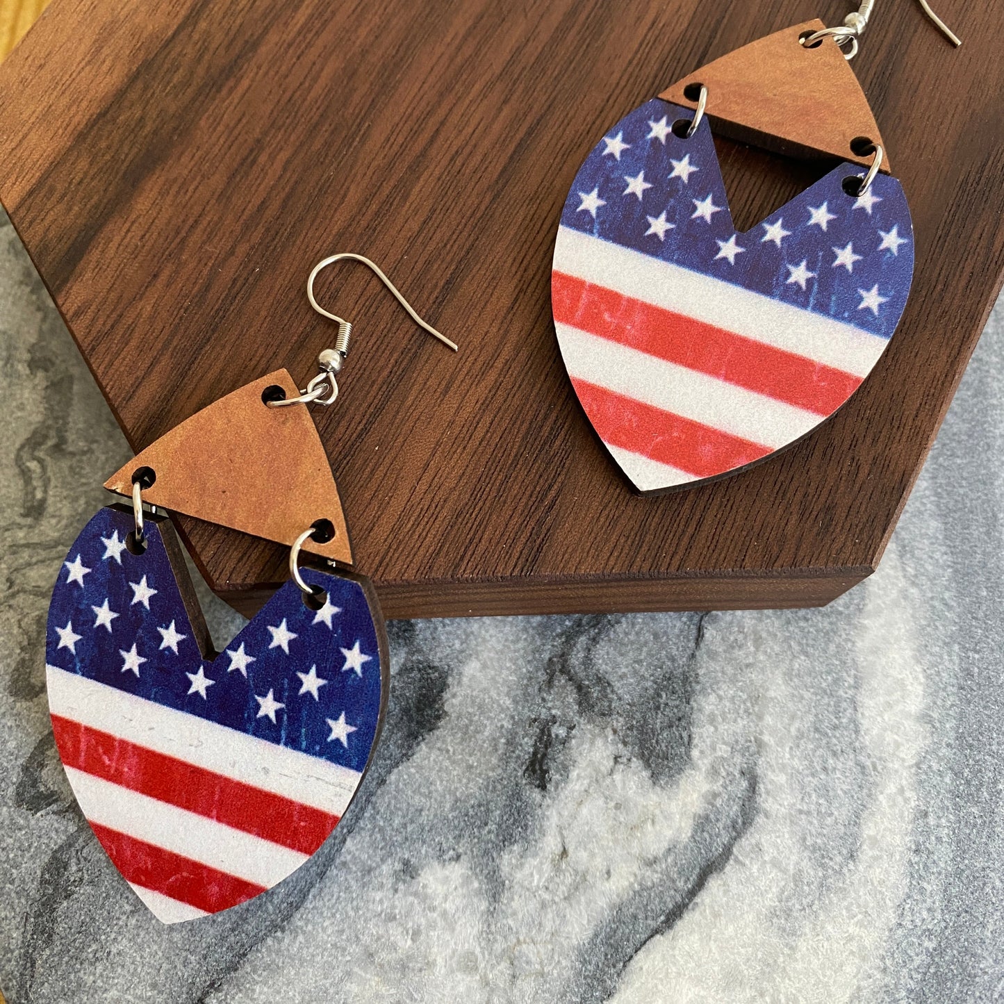 Wooden Dangle Earrings - USA Flag