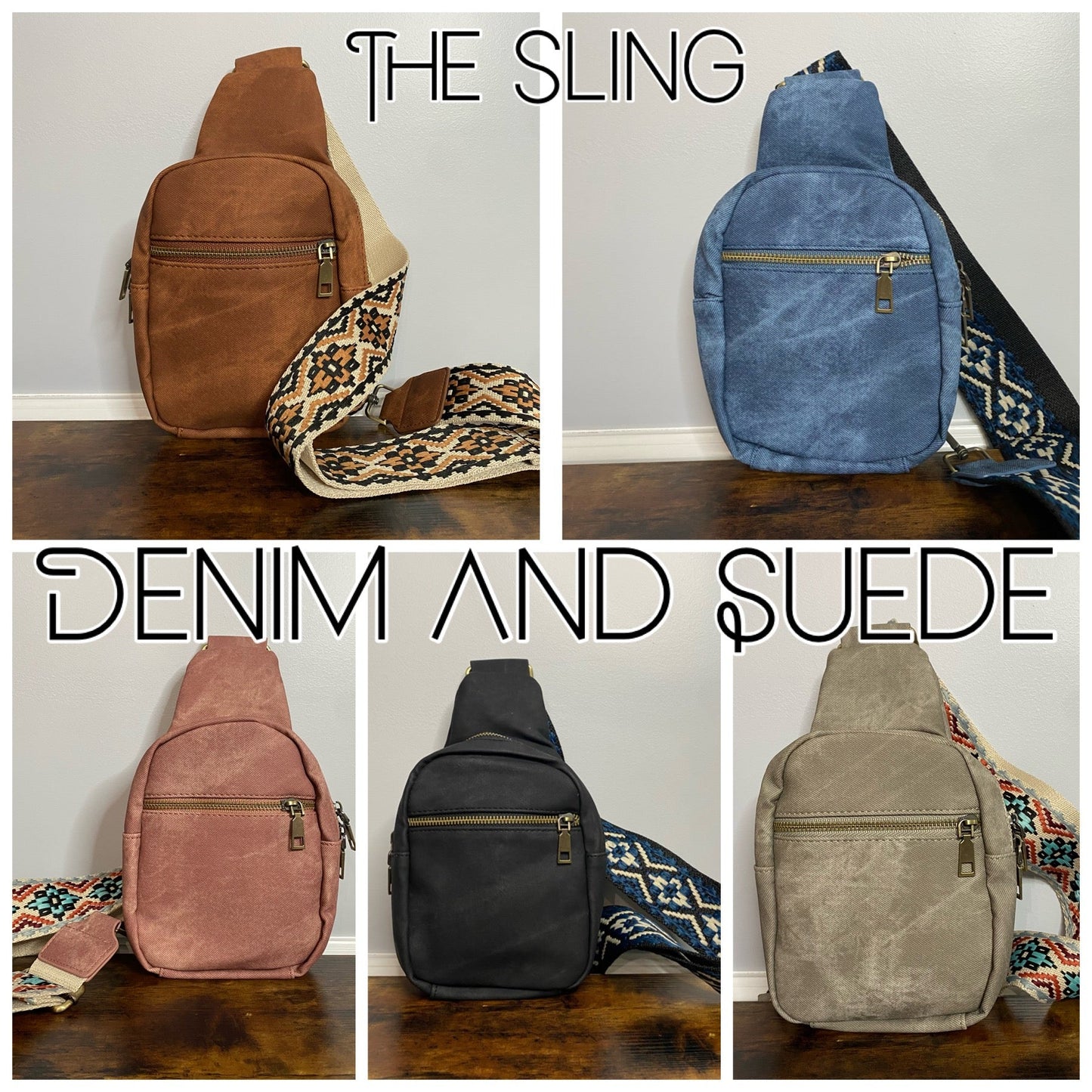 Sling Bag - Denim Suede - Front Zip