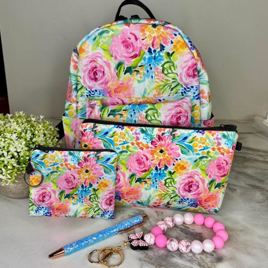 Mini Backpack, Pouch, Mini Pouch, Bracelet Keychain, & Pen Bundled Set - Floral Watercolors