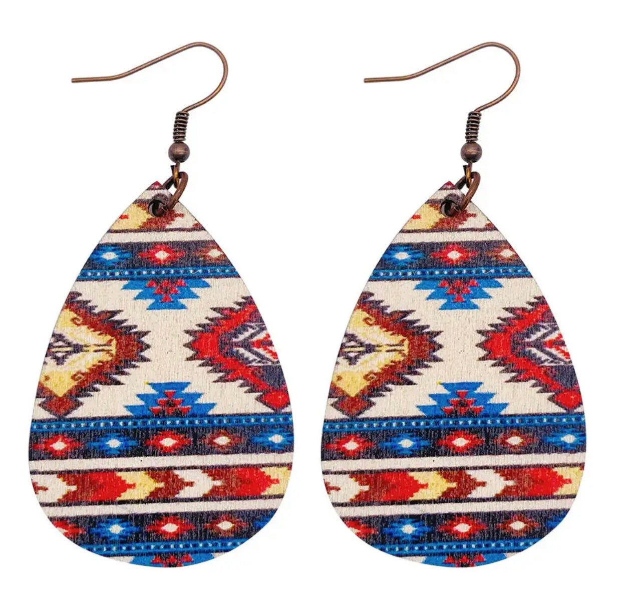 Wooden Teardrop Earrings - Aztec Red Blue